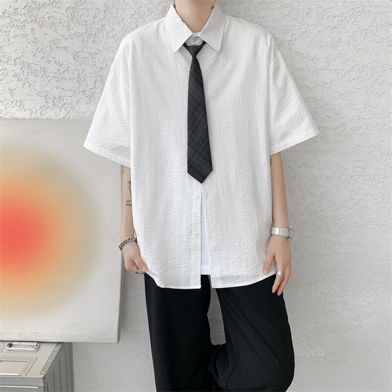 学院风jk领带条纹短袖衬衫大码休闲上衣高级感半袖衬衣DC5010/P55,男装衬衫,电商B238