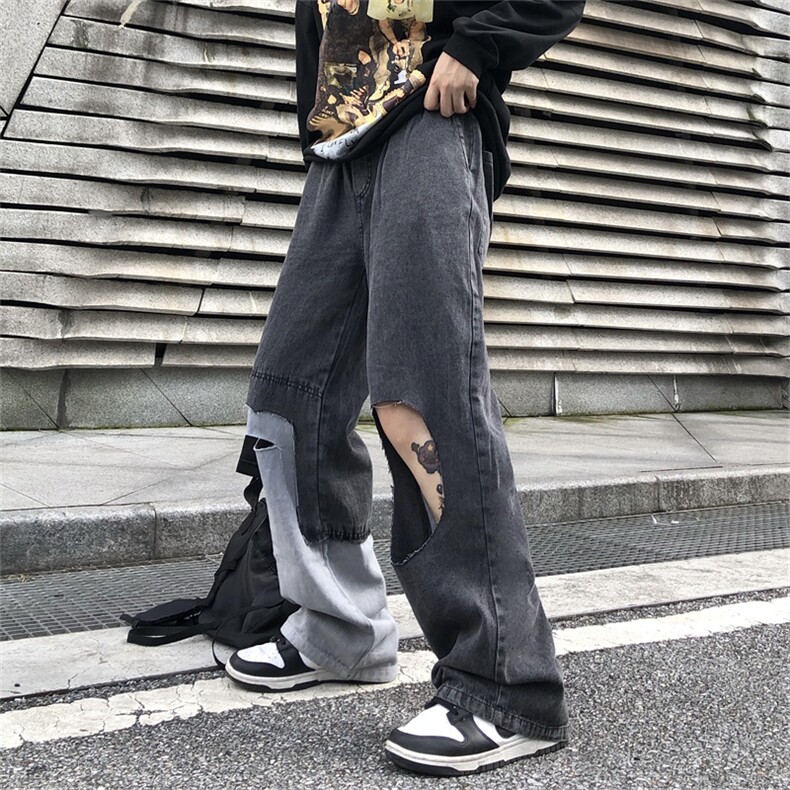 潮ins嘻哈设计感高街破洞牛仔裤宽松直筒长裤子男N08115-P45,男装牛仔裤,星座308B-1