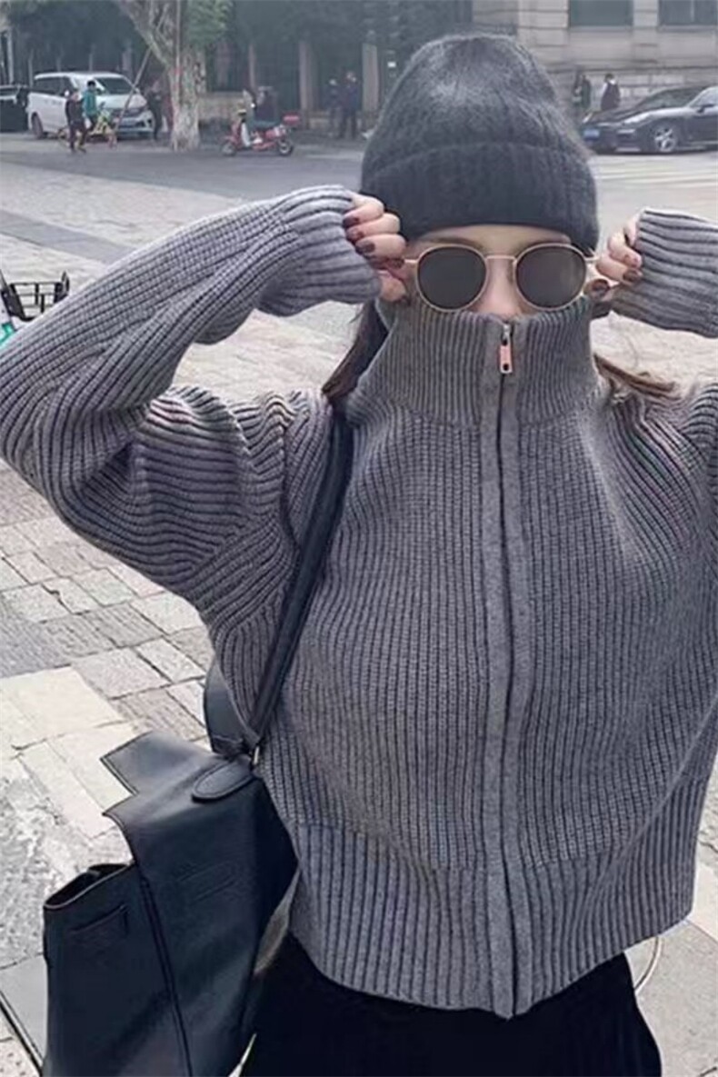 时尚高领拉链羊毛开衫百搭显瘦保暖毛衣外套,女装羊毛衫,旭驰羊绒