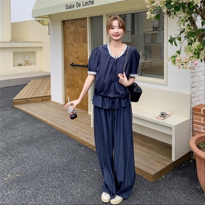 藏青色蕾丝拼接阔腿裤套装女夏2025新款两件套俏皮活泼韩版高级感图片