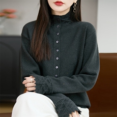 2025年秋季时尚百搭通勤简约休闲靓片袖口钩花开衫，女装针织衫/毛衣，暖娇绒