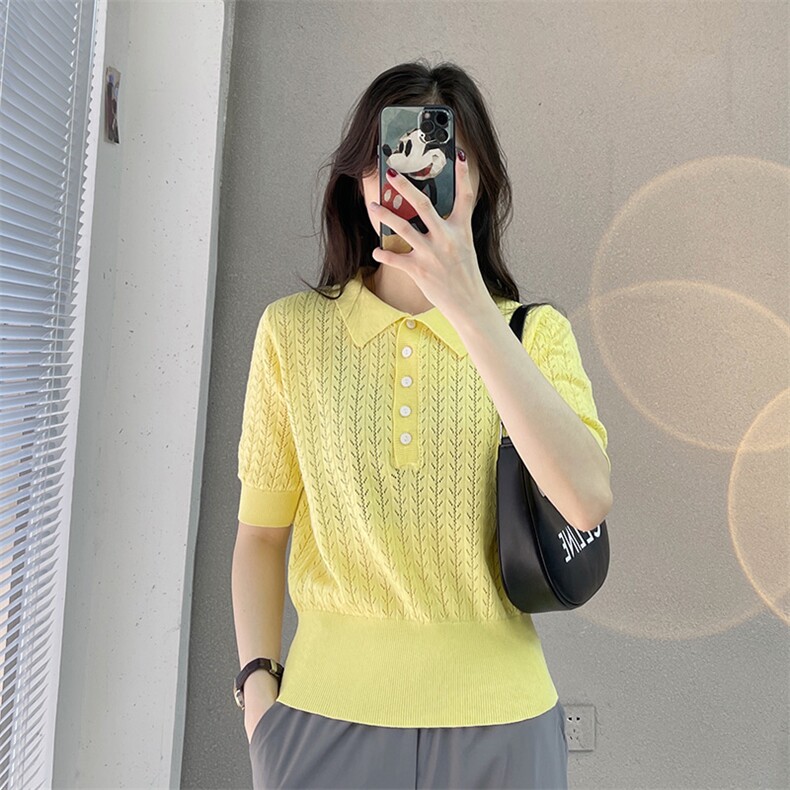 2023法式气质POLO领针织衫女夏季新款百搭钩花纯棉线短袖女韩版,针织衫/毛衣,鹏源羊绒