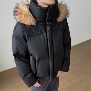 现货三防重磅硬挺boxy短款羽绒棉衣座山雕大毛毛领PU皮棉服外套冬图片