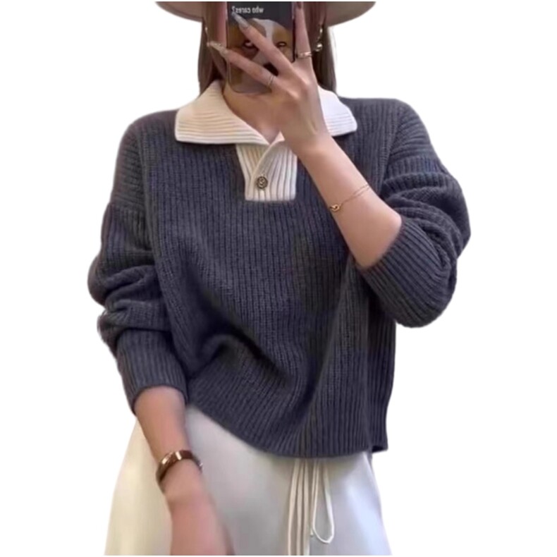 女士纯色拼接秋季新款时尚显瘦半开拉领羊毛衫,女装羊毛衫,戎咖羊绒