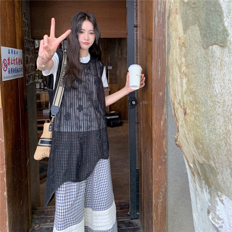 2025夏季新款韩版设计感时尚百搭背心罩衫T恤格子阔腿裤三件套女,女装套装/套裙,2C307