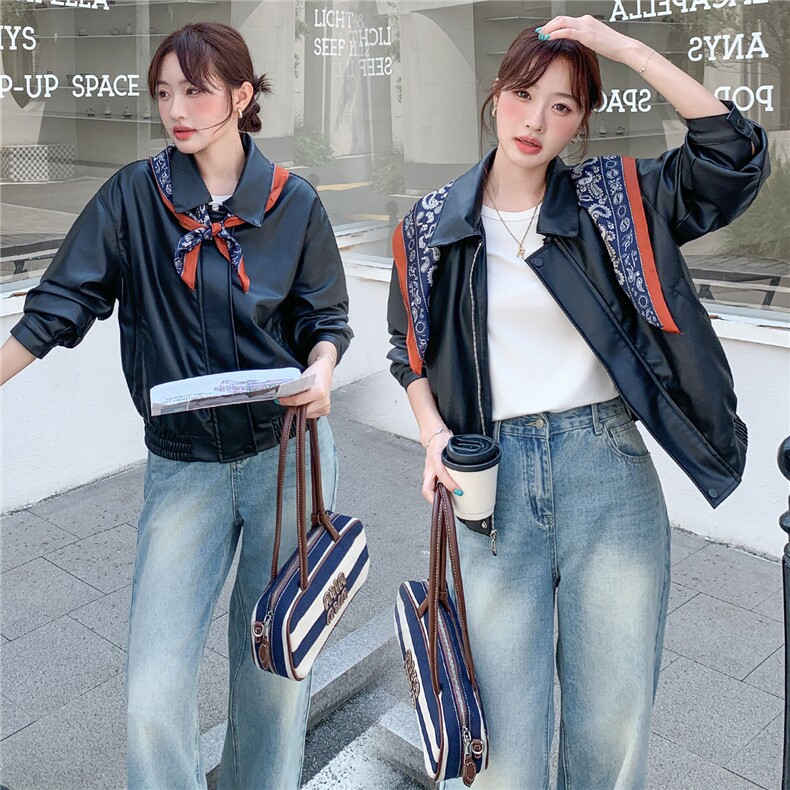 《档口现货》2026秋上新超柔软蛋白皮外套配丝巾气质皮衣小外套女,女装皮衣,时尚风爆