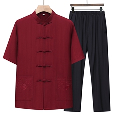 风唐装棉麻短袖衬衫套装男士夏装太极服宽松套装TRA301-P105，男装T恤，星座1105-3