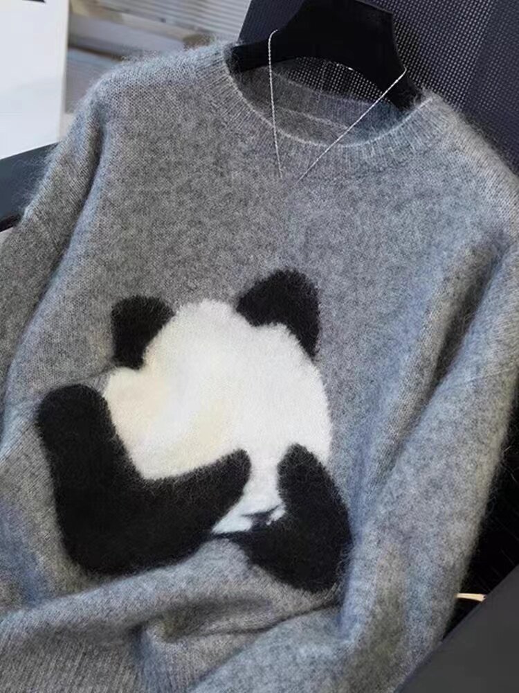 新款秋冬季时尚潮流熊猫图案圆领套头毛衣图片