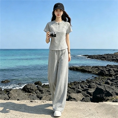 潮流时尚休闲运动套装女夏季新款显瘦气质立领短袖上衣长裤两件套，女装套装/套裙，江南