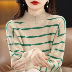 羊绒衫女100纯山羊绒半高领秋冬新款加厚条纹内搭针织打底衫毛衣，女装羊毛衫，迅太羊绒