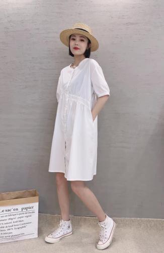 XL9917韩版夏季新款圆领宽松显瘦打褶皱单排扣中长款连衣裙,女装连衣裙,L·H·X