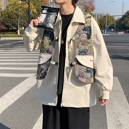 高街复古拼接小熊夹克衫假两件M-4XL宽松春季工装男日系W2531-P60图片