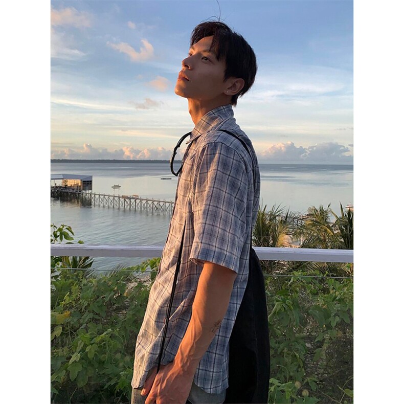 美式潮牌格子衬衫男夏季水果贴纸短袖衬衣设计感小众情侣宽松上衣,男装T恤,星座506A