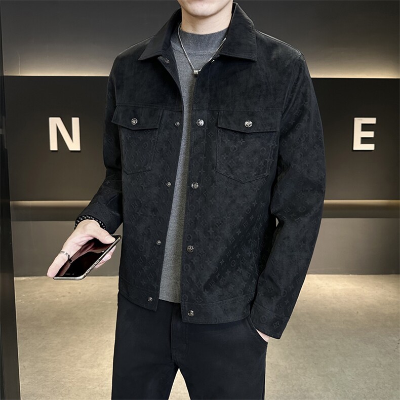 秋季新款翻领暗花纹皮衣男士短款夹克修身皮夹克P66083-P160，男装夹克，电商A237