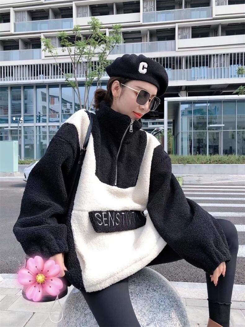 黑白颗粒绒卫衣，女装卫衣/绒衫，一杭