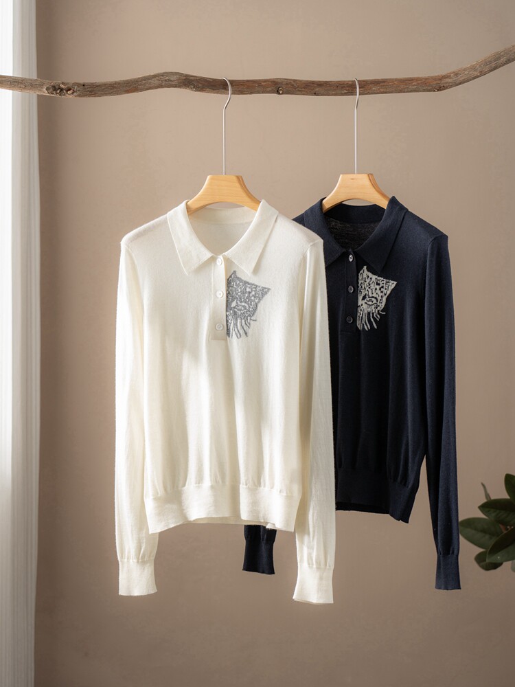 2025秋季新款女薄款打底衫韩系讽刺绣套头毛衣，女装针织衫/毛衣，江帆羊绒