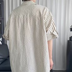 夏季复古青少年斜襟条纹衬衫男设计感小众韩版宽松五分袖T恤上衣，男装T恤，星座516A