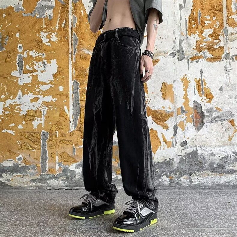 美式街头裤子高街潮ins扎染痞帅牛仔裤男宽松直筒长裤CN1311-p45图片