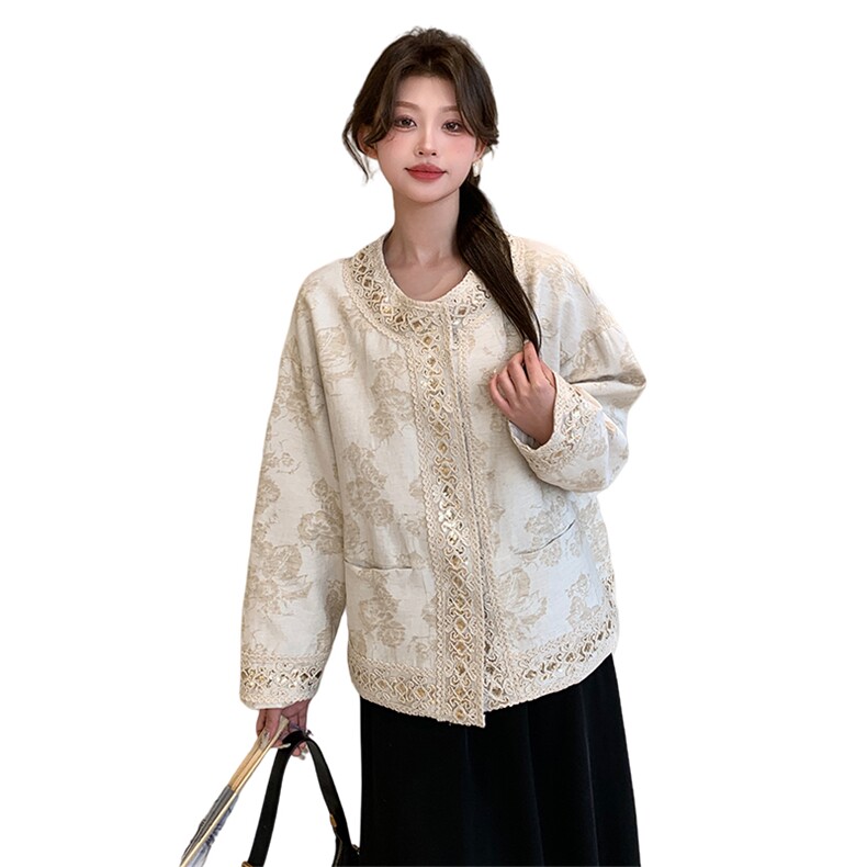 白色新中式外套女2025春季新款重工亮片国风蕾丝花边提花上衣,女装短外套,浙宝208A