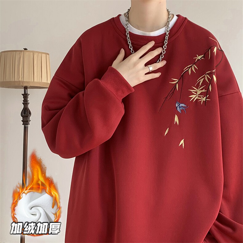 wassup happy国风刺绣卫衣男春秋季潮牌圆领上衣服宽松休闲打底衫图片