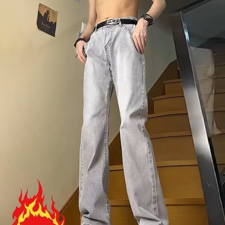 美式复古微喇叭牛仔裤男女宽松直筒加绒款2025新款休闲长裤子潮流,男装牛仔裤,星座506A