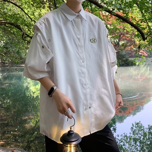 垂坠感黑色短袖衬衫男女可拆卸高级感夏季潮牌宽松衬衣-CS4514图片