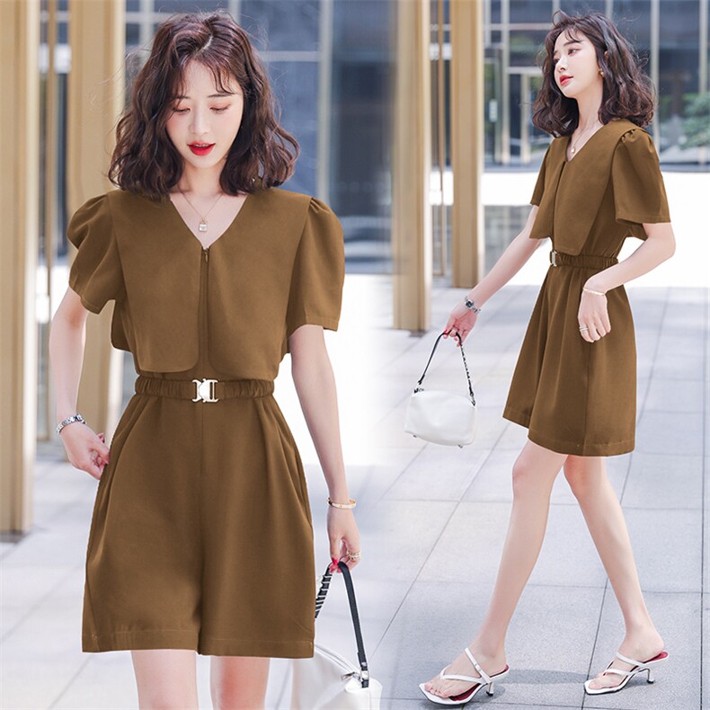 田园连衣裤2022年夏季拉链泡泡袖中腰宽松腰带收腰少女领连体短裤，女装连体裤，微微衣阁