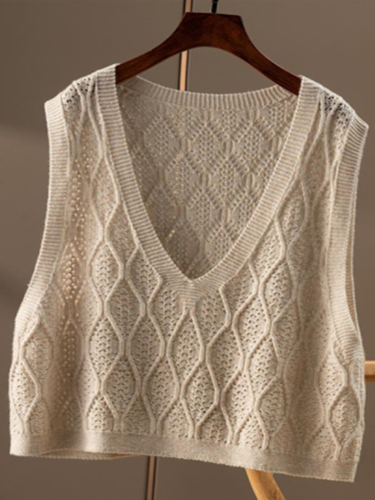 优雅女秋冬仿羊毛菱形V领金线马甲通勤简约百搭显瘦无袖针织背心,女装马甲,洁纯羊绒