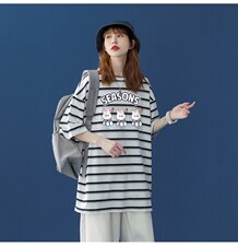 中性夏季条纹撞色印花卡通图案圆领情侣短袖T恤T864P35控48，女装T恤，A247A