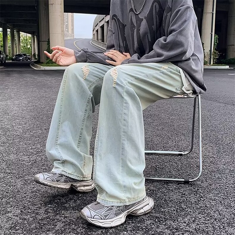 美式高街牛仔裤男破洞韩版潮松紧腰个性2024秋冬ins长裤RK949-P43,男装牛仔裤,星座412-2