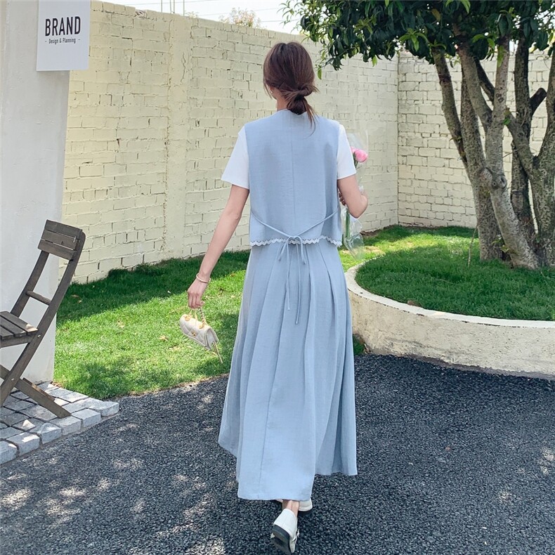 温柔系穿搭蓝色马甲套装女夏新款高级感显瘦休闲t恤半身裙三件套,女装套装/套裙,慧尚2-185