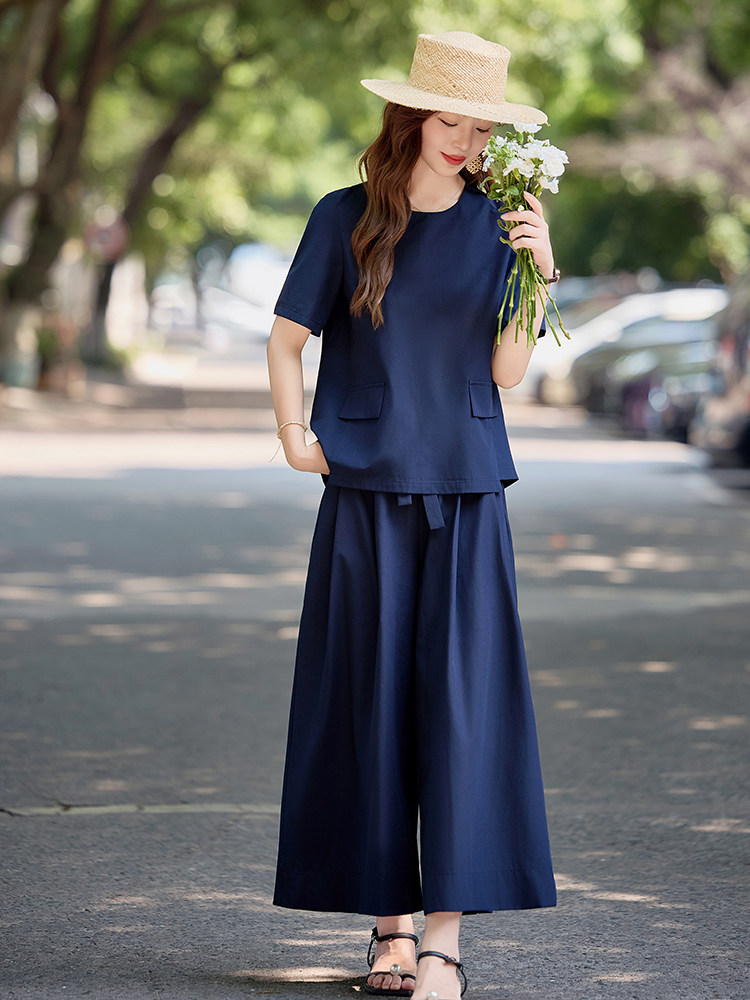 高级感时尚休闲套装女2025夏季新款宽松显瘦短袖上衣阔腿裤两件套,女装套装/套裙,水衣源