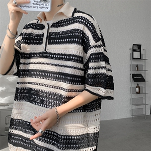 8XL-M 特大码美式复古条纹撞色针织POLO衫翻领休闲短袖TDX311P35图片