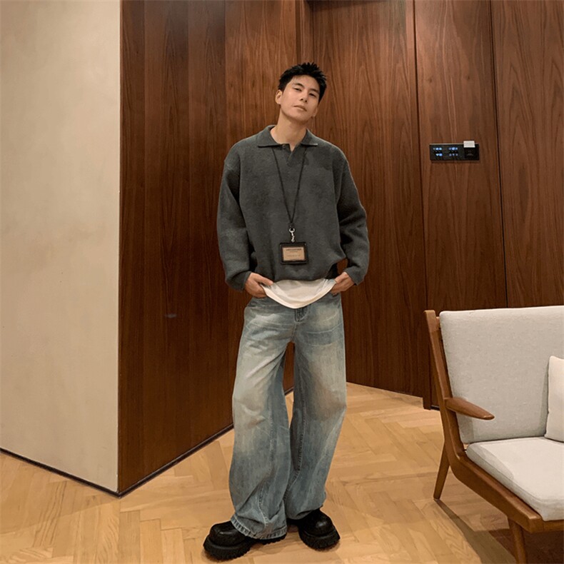 重磅冬北极绒老钱风亨利领毛衣美式复古休闲慵懒风纯色翻领针织衫,男装针织衫/毛衣,电商A443