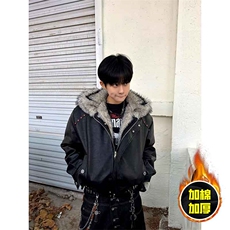 现货冬季美式潮牌痞帅PU皮机车服棉衣毛毛绒狼王座山雕皮棉服，男装棉衣，电商A486-1