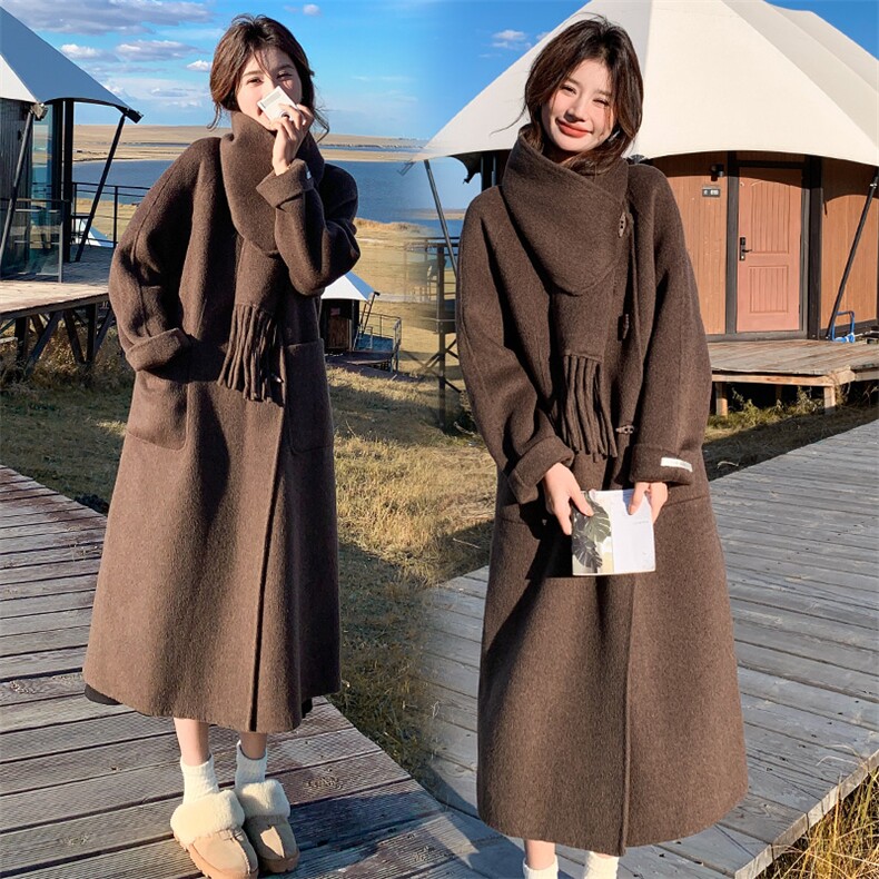 韩版加厚中长款双面羊绒大衣女2025年秋冬季新款显瘦围巾呢子外套图片