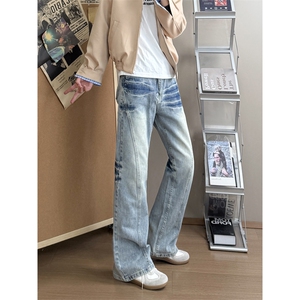 B221 美式ins高街重工艺斜切宽松微喇牛仔裤 LK25587-特P45控78图片