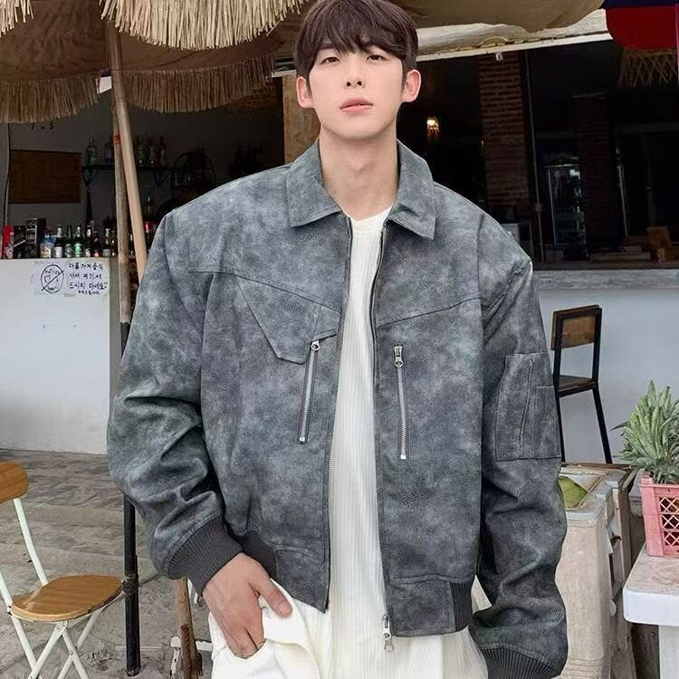 美式复古春秋PU皮夹克男设计感宽松短款飞行员外套痞帅机车服潮流图片