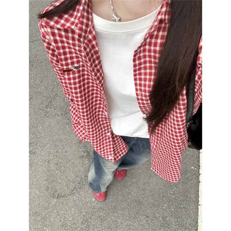 网图有货美式复古翻领刺绣红格纹衬衫格子长袖衬衣男女A350-P45，男装衬衫，星座1505