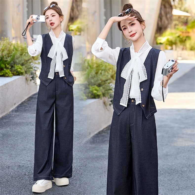 休闲牛仔时尚套装女2025春新款超火韩系穿搭洋气马甲阔腿裤三件套，女装套装/套裙，伊仟回