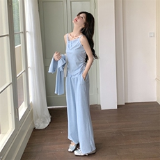 蓝色休闲运动时尚套装女2025春季新款韩系慵懒风小个子减龄三件套，女装套装/套裙，2C129