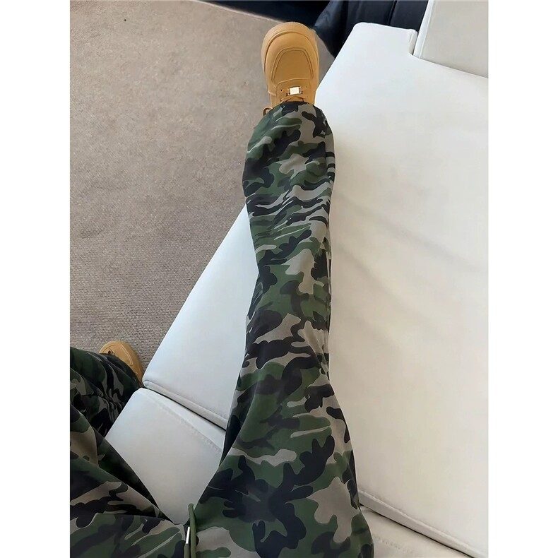 美式高街迷彩裤男秋季慵懒松弛感微喇裤hiphop运动卫裤LJ700-P40，男装休闲裤，星座1008