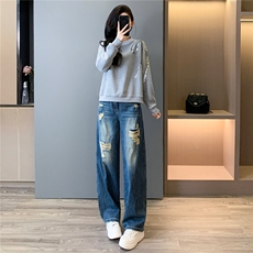 高级感时尚潮流套装女春新款修身显瘦圆领刺绣上衣牛仔长裤两件套，女装套装/套裙，2C310