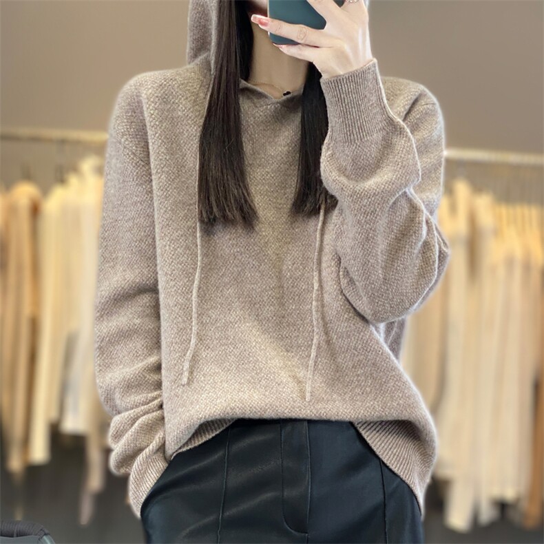 休闲连帽羊绒卫衣女秋冬宽松纯色百搭羊毛帽衫休闲针织上衣,女装羊毛衫,忠诺羊绒