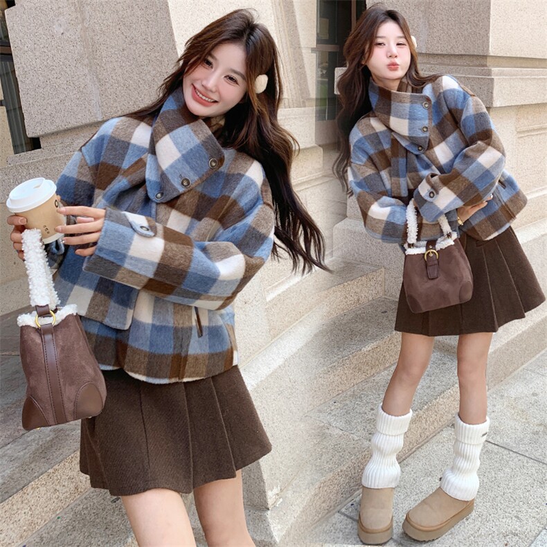 格纹双面羊毛绒大衣女短款2024秋冬韩系美拉蓝穿搭围巾羊毛呢外套，女装双面呢大衣，韩蜜菓