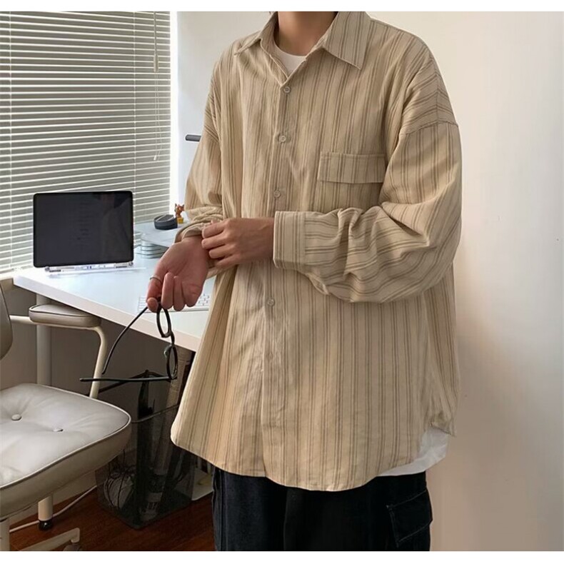 条纹长袖衬衫男女春秋小清新学院风宽松休闲衬衣潮CSH09,男装衬衫,星座516A