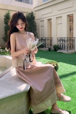 2025夏季女新款粉色初恋风法式温柔气质蕾丝拼接背心半身裙两件套，女装套装/套裙，韩蜜菓