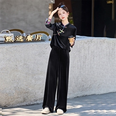新中式套装女2025秋装新款盘扣长袖丝绒两件套，女装套装/套裙，天丝秀