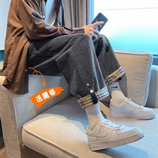 秋季新款男士牛仔裤宽松港风阔腿裤拼接潮流百搭痞帅男生2168-P42，男装牛仔裤，星座1006-1
