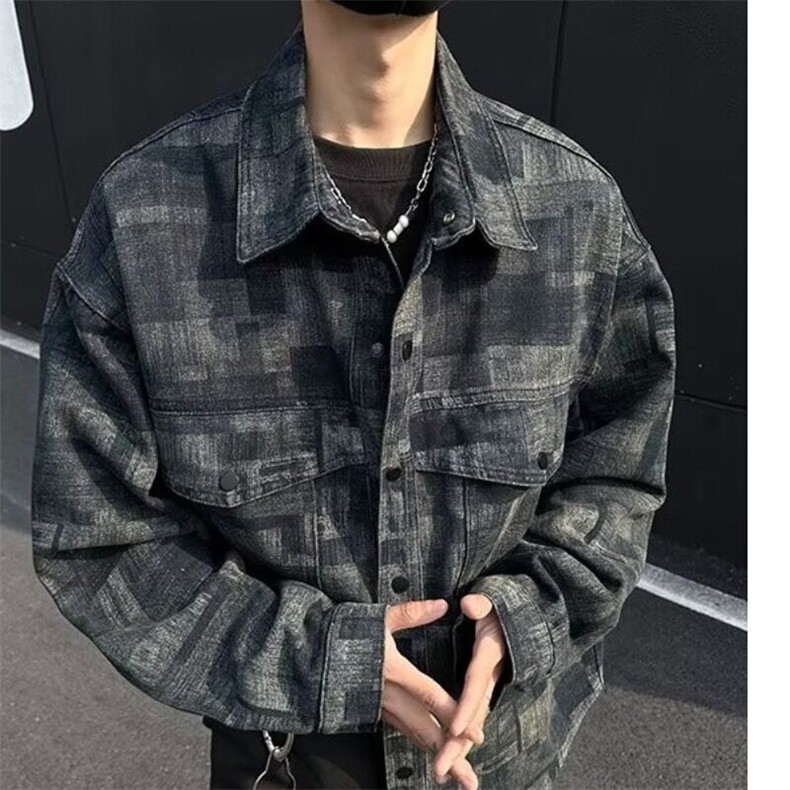 复古格纹牛仔外套男春秋季2025新款翻领夹克 JK285-P75图片